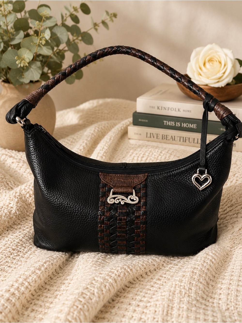 Classic Black Leather Shoulder Bag with Braided Accent